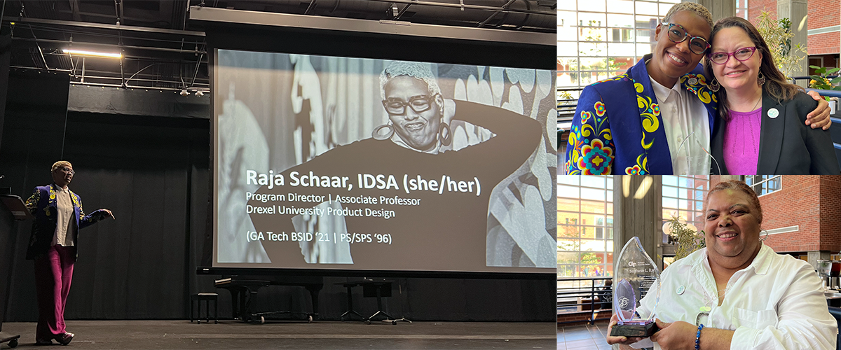 Three photos. Left Raja Jones Schaar presenting. Raja Jones Schaar with Yvette Upton. Stephanie with her award/